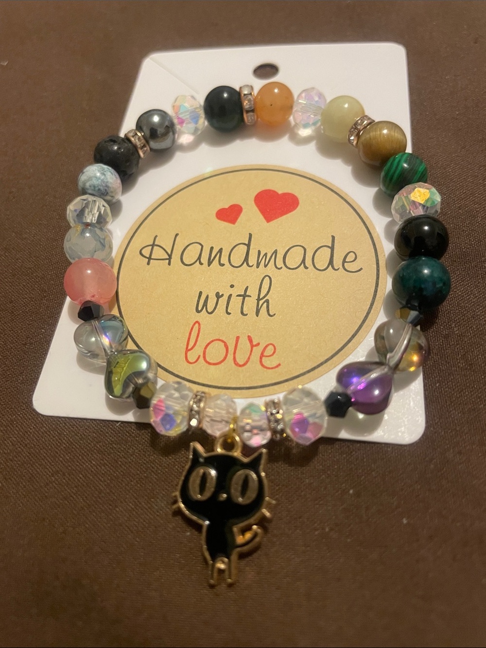 2/$7 - Handmade Beaded Fashion Bracelet with Black Cat Charm - Multicolor